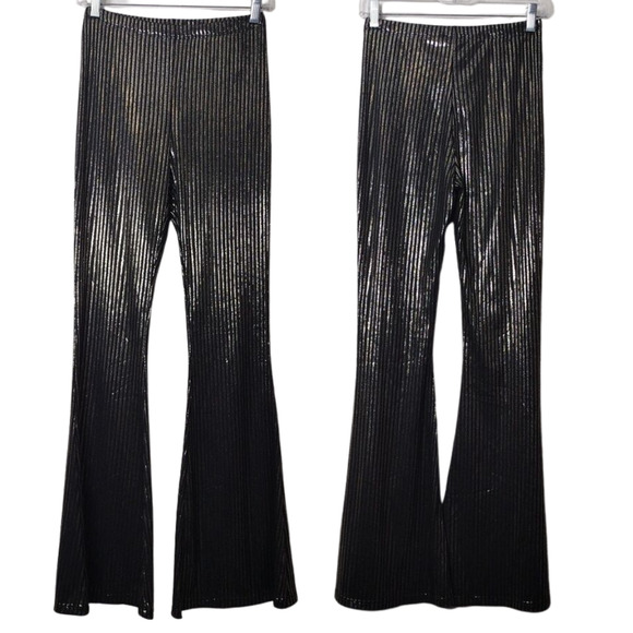 Metallic Disco Pants  Slim Striped Wide leg High Rise Flare Gold Black Size M - Picture 1 of 9